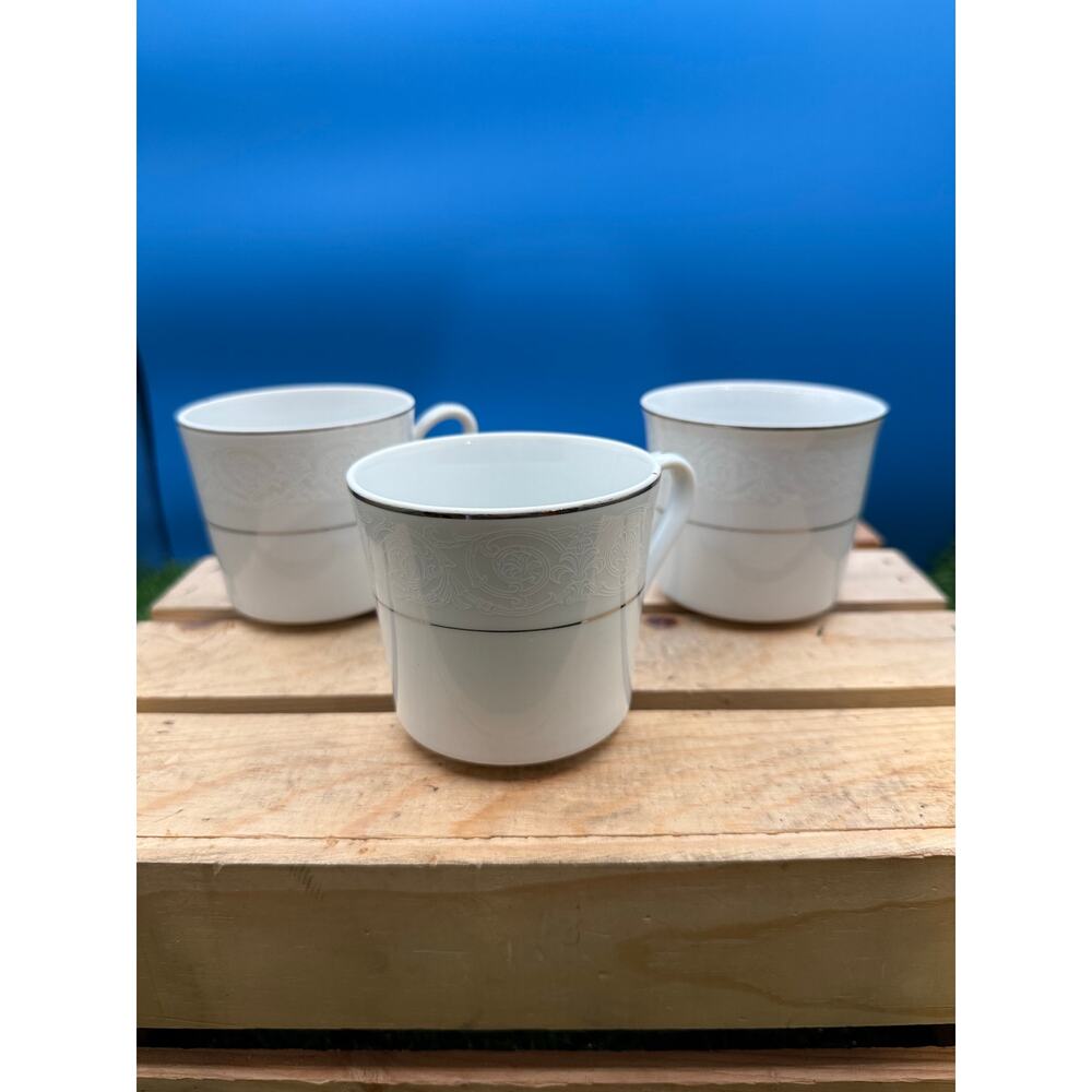 Set 3 Vintage Southwicke Coffee Cups -White Lace Porcelain Silver Trim
